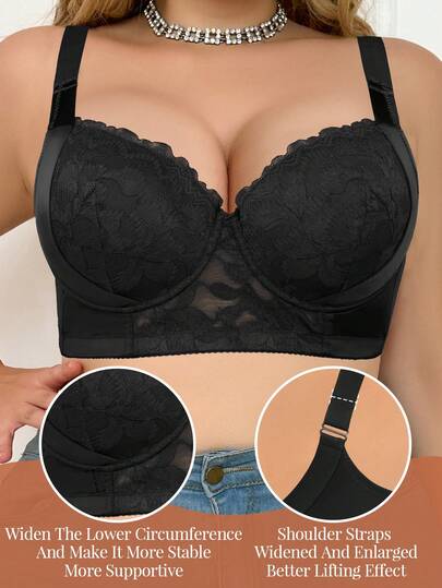MIMILEMON 大码女士黑色蕾丝钢圈聚拢文胸 - 宽肩带、稳定支撑、全天舒适