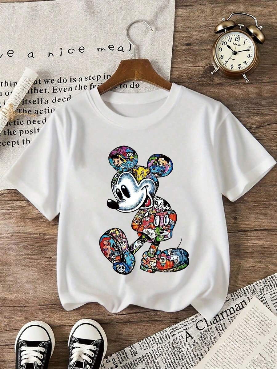 1pc Disney Mickey Mouse Playful Pop Art Print Tween Boys & Girls Versatile Style T-Shirt - Lightweight, Skin-Friendly, Great For School & Leisure Activities - trắng - Xem 1