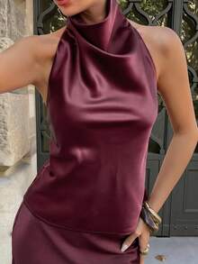 HUACAITA 优雅法式高端垂褶领露背无袖真丝缎面清凉休闲吊带背心，适合约会、派对、情人节、度假等场合，春夏款 - 酒紅色 - 查看 3