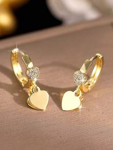 1 par de Brincos Pendentes de Coração Cúbico de Zircônia Exquisitos e Delicados, Brincos Dourados Folheados a Ouro Adoráveis para Meninas, Presentes de Aniversário, Festival e Decoração de Festa, Joias de Cobre - Amor - Visão 2