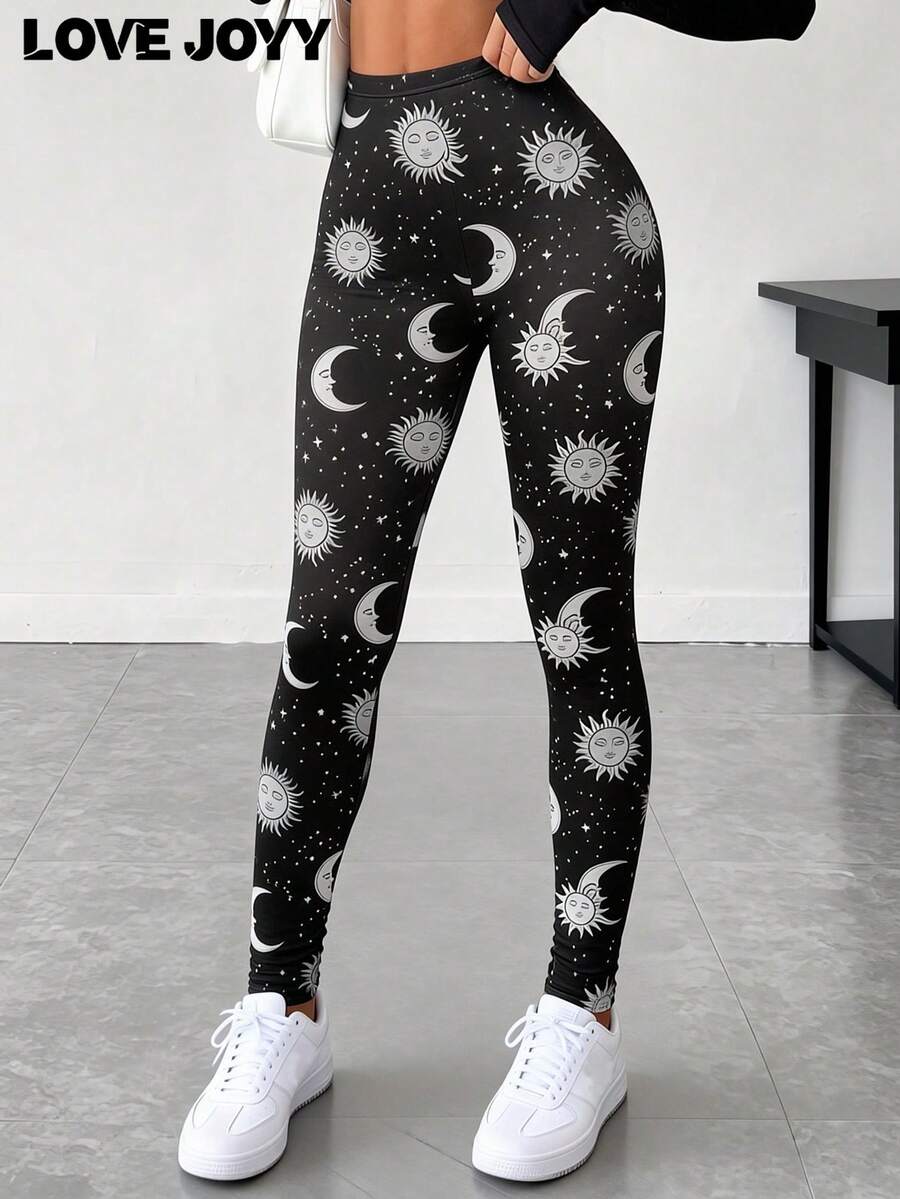 LOVE JOYY Women's High-Waisted Skinny Leggings With Sun, Moon And Star Print, Casual Pants, Suitable For Spring/Summer Everyday Wear, Yoga, And Holiday Party Occasions - Black - View 1
