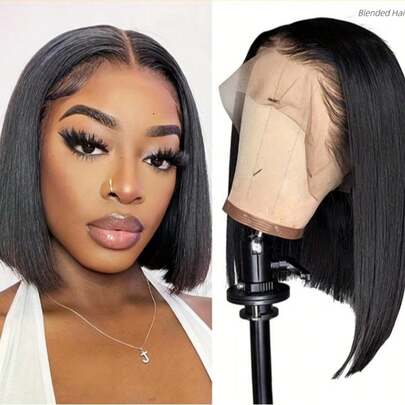 13x4 全蕾丝前额真发高清蕾丝假发，0.10毫米超薄隐形高清蕾丝前额假发，真人混纺发丝，预先拔毛漂白发结，200%密度，5x5 即戴即走，无需胶水，蕾丝直发真人混纺假发，女士款，34英寸