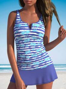 2026 New Style Tropical Palm Tree Stripe Print V-Neck Gathered Wide Skirt Women's Plus Size Tankini Two-Piece Set For Music Festivals, Casual Vacations, And Beachwear - 彩色 - 查看 1