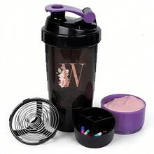 三层摇摇杯蛋白粉搅拌杯大容量水瓶搅拌杯水杯玫瑰金字母印花便携式摇摇杯健身运动搅拌杯 - 紫色 - 查看 11