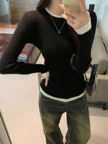Contrast Color Round Neck 2 In 1 Knit Sweater, Slim Fit Layering Top For Women, Spring - Black - View 3