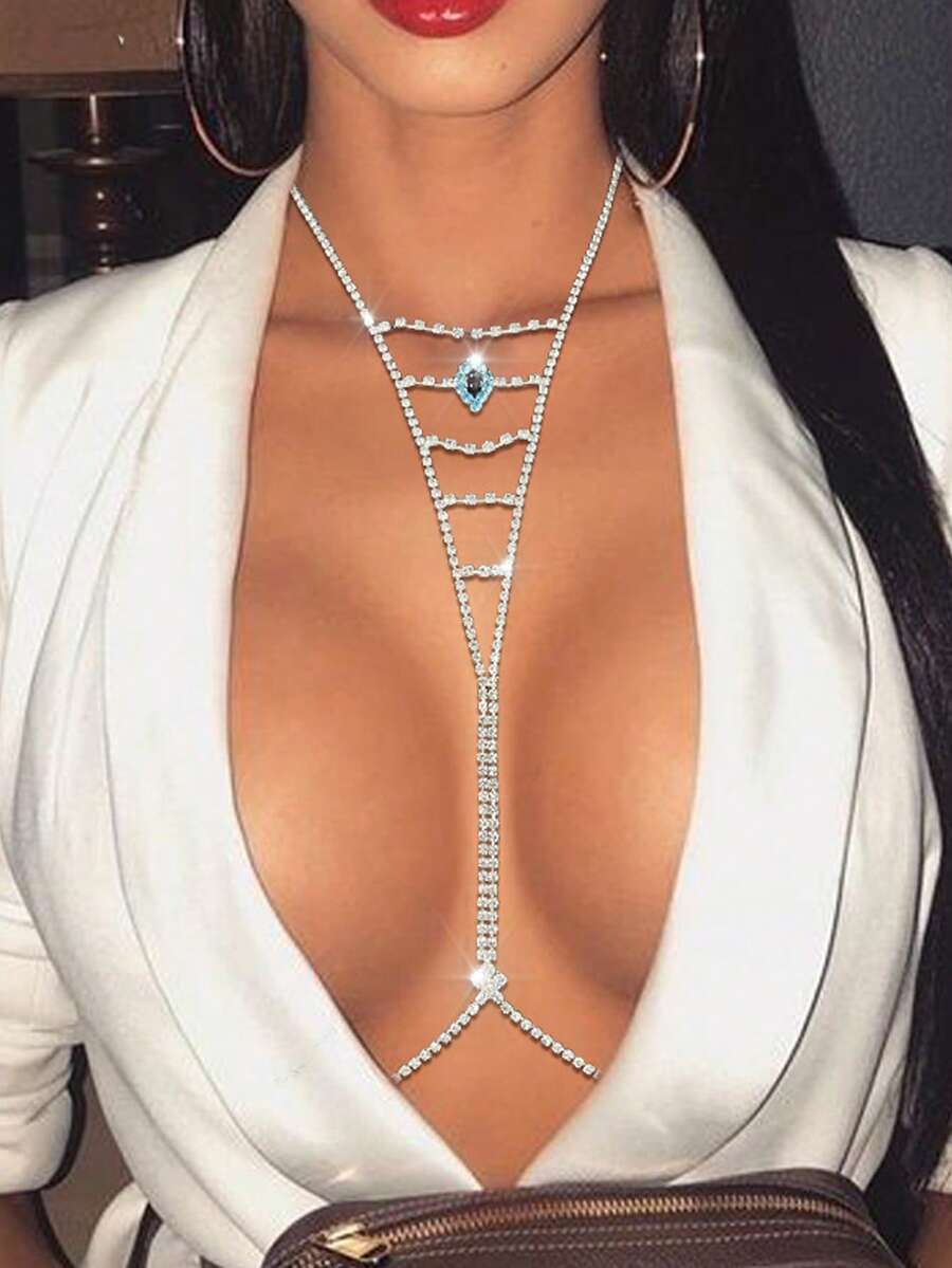 1pc Silver-Tone Multi-Layer Crystal Devil's Eye Chest Chain, Fashionable Sexy Blue Crystal Bikini Body Chain For Women - Silver - View 1