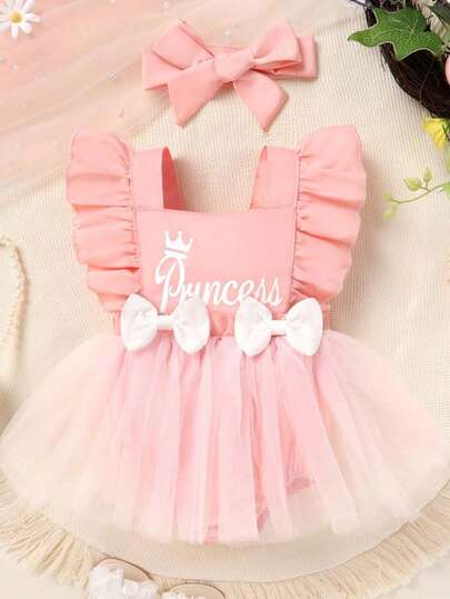 2pcs/Set Soft & Comfortable Casual Elegant Baby Girl Outfit, Cute Crown & Letter Pattern, Bow Decor, Ruffle Mesh Princess Romper Dress & Headband Set, Suitable For Party, Vacation, Photography And Daily Wear