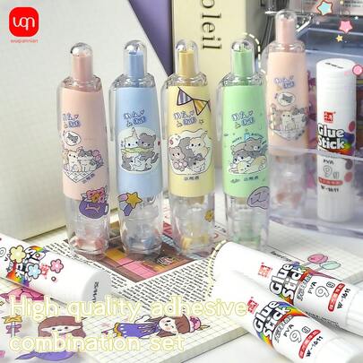 WQN 2个大容量双面胶点（按压式），3支9克白色固体胶棒，2张可爱卡通贴纸，高品质学习工具套装，返校必备