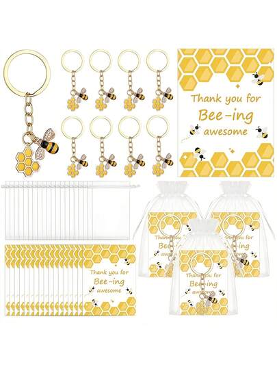 15pcs/6pcs Bee Shaped Keychain & Thank You Card Set (With Organza Bag) - Cute Bee Keychain And Thank You Card, Suitable For Coworker Leaving Gift, Teacher/Nurse Party Favor, Employee Farewell Gift, Wedding, Birthday And Party Favors