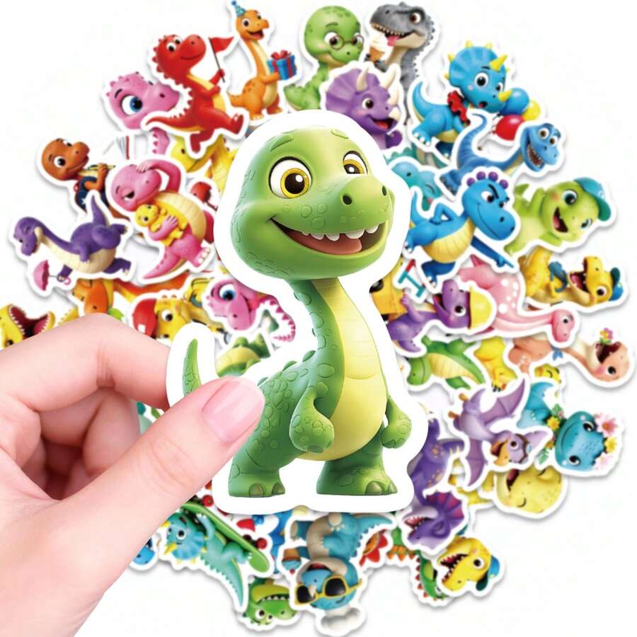 Colorful Dino Adventure Sticker Pack - 50 Pcs Cute Cartoon Dinosaurs With Hats, Balloons & Fun Poses, Collectible Vinyl Decals For Teens' Crafts & Gifts - 56PCS - View 1