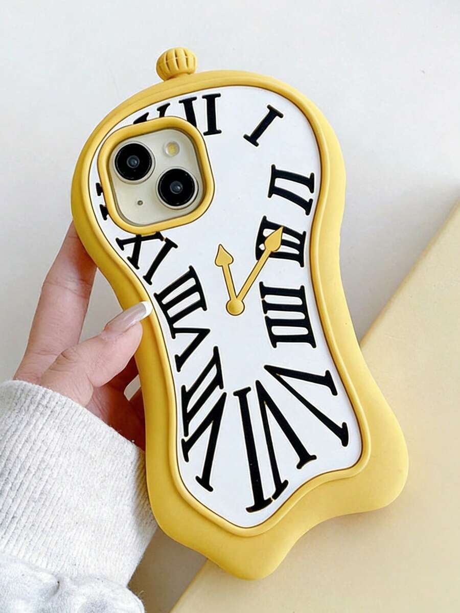 1pc Asymmetrical Clock Silicone Phone Case - Compatible With 11/12/13/14/15/16 Pro/17 Pro Max, Stylish Full-Body Protective Case, Valentine's Day Gift - Yellow - View 1