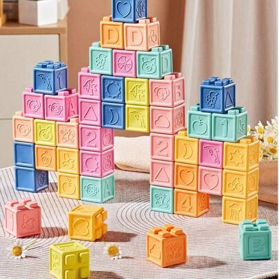Bloques de construcción para bebés, bloques apilables para niños pequeños, juguetes educativos de construcción suaves de 8/16/24 piezas - números, formas, colores, animales - colores aleatorios, juguetes para bebés, juguetes Montessori, juguetes de baño, artículos esenciales para bebés, mordedores, juguetes sensoriales para masticar, juguetes de silicona, artículos necesarios para recién nacidos