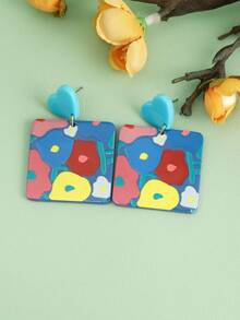 1 par de pendientes geométricos con forma de corazón, elegantes y lindos, adecuados para uso diario y combinar con atuendos - Multicolor - Ver 1