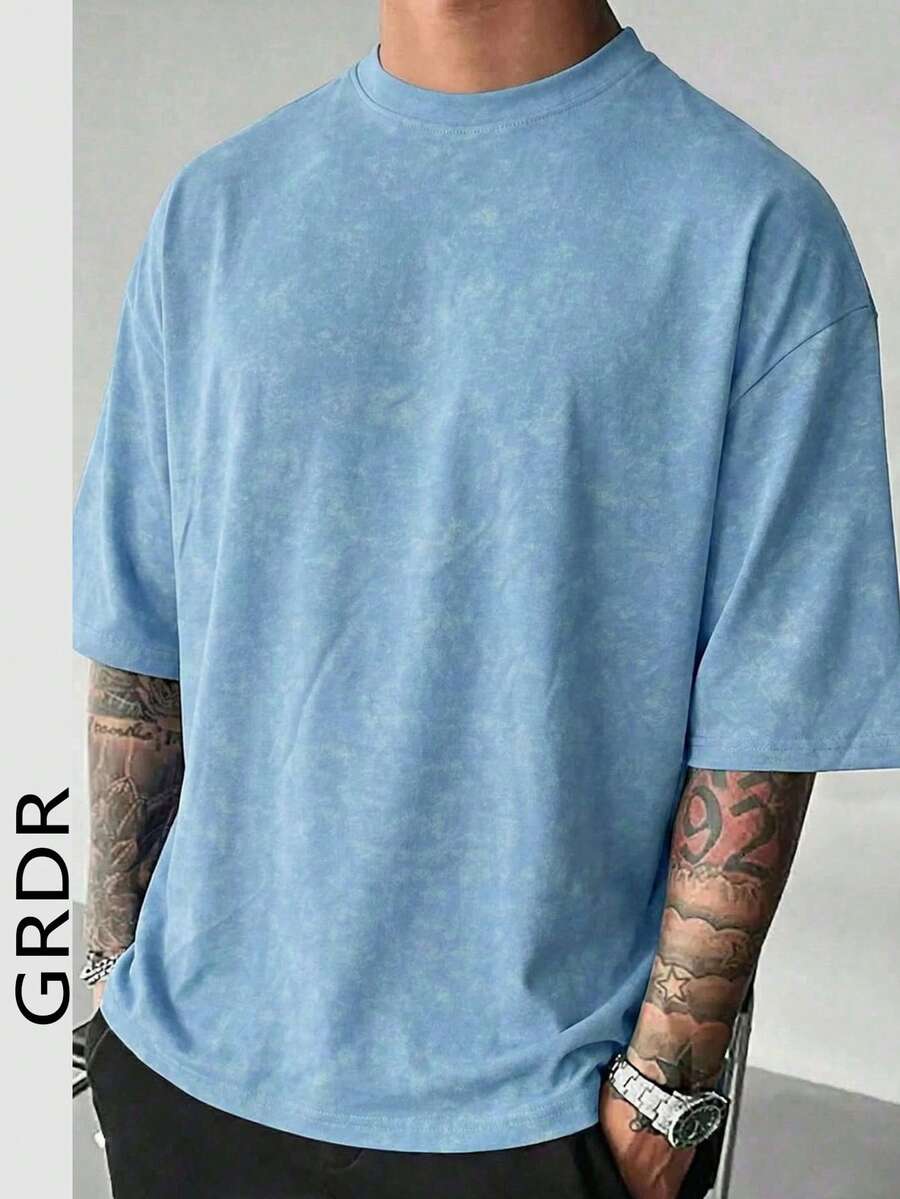 GRDR Men's Retro Minimalist Solid Color Washed Short Sleeve T-Shirt, Comfortable & Breathable, Suitable For Summer, Leading Fashion - Dusty Blue - View 1