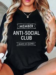 100% Cotton Member Anti-Social Club Leave Us Alone, Sarcastic, Funny T-Shirt Women's Vintage Relaxed Fit Tee Premium Soft Tops Printing Round Neck Fashion Shirts - Black - View 1