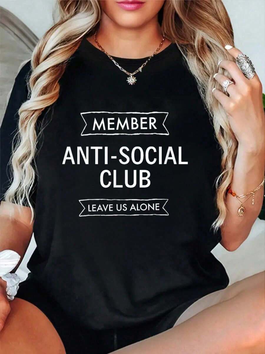 100% Cotton Member Anti-Social Club Leave Us Alone, Sarcastic, Funny T-Shirt Women's Vintage Relaxed Fit Tee Premium Soft Tops Printing Round Neck Fashion Shirts - Black - View 1