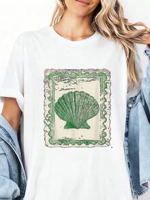 Retro Seashell Print T-Shirt For Ocean Lovers, Loose Fit Retro Tee - White 3 - View 10