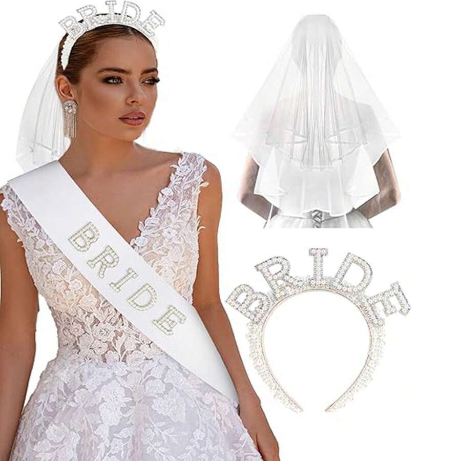 3pcs/Set New Bridal Party Headband, Pearl Headpiece, Wedding Bachelorette Party Essential Shoulder Veil Headwear - Multicolor - View 1