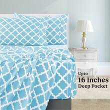 Lux Decor 4-Piece Quatrefoil Bed Sheet Set, Soft Brushed Microfiber Bedding With 16-Inch Deep Pocket Fitted Sheet, Breathable Hotel Luxury Sheets And Pillowcases, Fade And Wrinkle Resistant Bedding For Bedroom, Guest Room And Dorm - 水藍色 - 查看 4