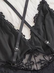 Áo hai dây ren đen gợi cảm cổ chữ V với dây đeo mảnh có thể điều chỉnh, áo ôm sát, cỡ 34B có đệm ngực, dễ mặc. - màu đen - Xem 4