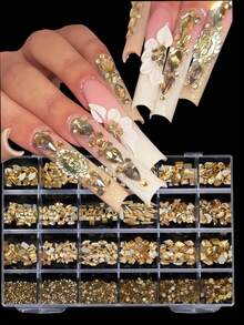 Gold Nail Rhinestone Set For Coffin Nails, 3D Gold Nail Jewelry And Glitter, Suitable For Long Pointed Nails, Luxury Gold Nail Crystal Rhinestone Full Set, Bold Acrylic Nail Decor, Gold Nail Gems And Glitter, Suitable For Daring Nail Designs, Full Coverage Gold Nail Rhinestone Set, Create Unique Nails Nail Supplies Nail Charms - Champagne - View 4