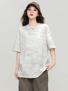Camiseta holgada de cuello redondo blanca con estampado floral irregular de JUTU para primavera/verano, nueva blusa casual de manga corta versátil y de largo medio para mujeres - 0A11 Blanco roto - Ver 1