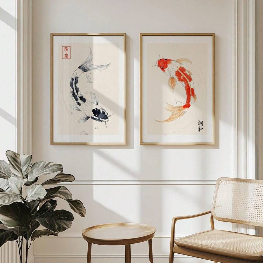1/2件套无框日式锦鲤复古帆布海报，禅意阴阳日式墙面艺术印刷品，极简侘寂装饰复古画，适用于公寓、客厅、卧室、现代家居装饰 - A - 查看 1