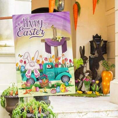1pc Easter Garden Flag, Happy Easter Flag, Easter Bunny Eggs & Blue Truck Tulip Flower Burlap Yard Flag, Holiday Spring Decor Indoor Outdoor No Flagpole 12X18 Inch