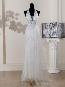 Deep V-Neck Romantic Lace Wedding Dress, Embroidered Floral Details, Minimalist Design - White - View 3
