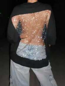 Popular Women's Rhinestone Fishnet Cutout Tee - Oversize White Casual Party Top - 黑色 - 查看 2