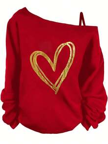 St Patricks Day Women, Gold Heart Graphic Off The Shoulder Sweatshirt, Casual Style With Long Gathered Sleeves, Perfect For Date Night And Spring Outfits-Vacation Outfits Women, Beachwear, Resort Wear, Summer TopsRelaxed Fit-Vacation Outfits Women, Beachwear, Resort Wear, Summer Tops - 紅色 - 查看 7