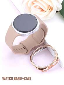 手錶錶帶 + 手錶錶殼套組，相容於 Galaxy Watch 8 40mm 與 44mm。柔軟舒適休閒運動矽膠錶帶，防震耐刮亮面水鑽錶殼。易於佩戴，觸控靈敏。適合女性智慧手錶錶帶與錶殼。 - 奶茶色錶帶配鑲鑽殼 - 查看 2