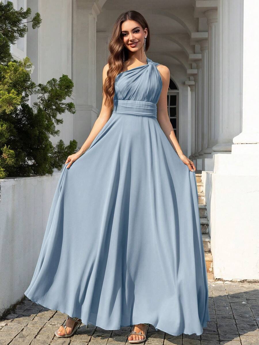 Volly Toych Modest Elegant Sleeveless Chiffon Maxi Bridesmaid Dress With Asymmetricalv Neck And Draped Knot Detail, , Wedding Guest Dress - Dusty Blue - View 1