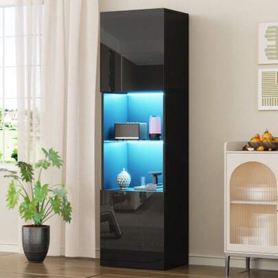 High-Gloss Black Display Cabinet With LED Lighting, 1 Glass Shelf, 45*35*160 Cm, Display Cabinet, Freestanding Display Cabinet, Tall Cabinet, Storage Cabinet