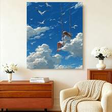 Framed [ Flat] 1pc Whimsical Girl Swinging Among Clouds & Seagulls Canvas Wall Art - Bohemian Style, Wooden Frame, Indoor Decor For Living Room, Bedroom, Office, Dining Room, Bar - Ideal Gift, Indoor Wall Decor|Bohemian Style Art|Wooden Frame Art, Wall Decor - Framed - 查看 4