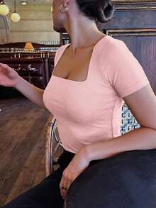 Casual Elegant Short Sleeve Crew Neck Top, Suitable For Daily Wear, Commuting, Going Out, Spring/Summer Pink - Pink - View 3