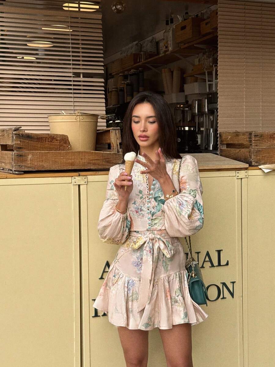 2025 Spring/Summer European & American Style Women's New Elegant Casual Sweet Mandarin Collar Button Front Lantern Sleeve Bow Tie Ruched Fitted Mini A-Line Dress, Thin Non-Stretch Woven Fabric, Suitable For Casual, Travel, Commute, Holiday - Multicolor - View 1