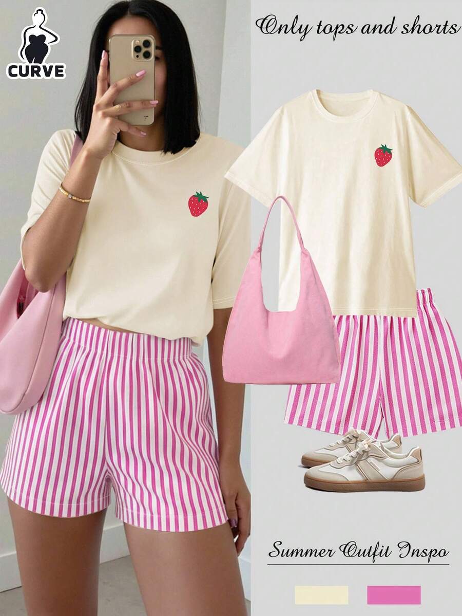 草莓印花女士加大码休闲宽松短袖T恤和条纹短裤两件套，女士套装，女式两件套，女士夏季套装，度假装，旅行装，沙滩风，简约度假装，优雅 - 杏色 - 查看 1