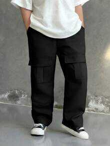 1pc Young BoyFashionable Multi-Pocket Design Outdoor Casual Versatile Straight Leg Cargo Pants - Black - View 3