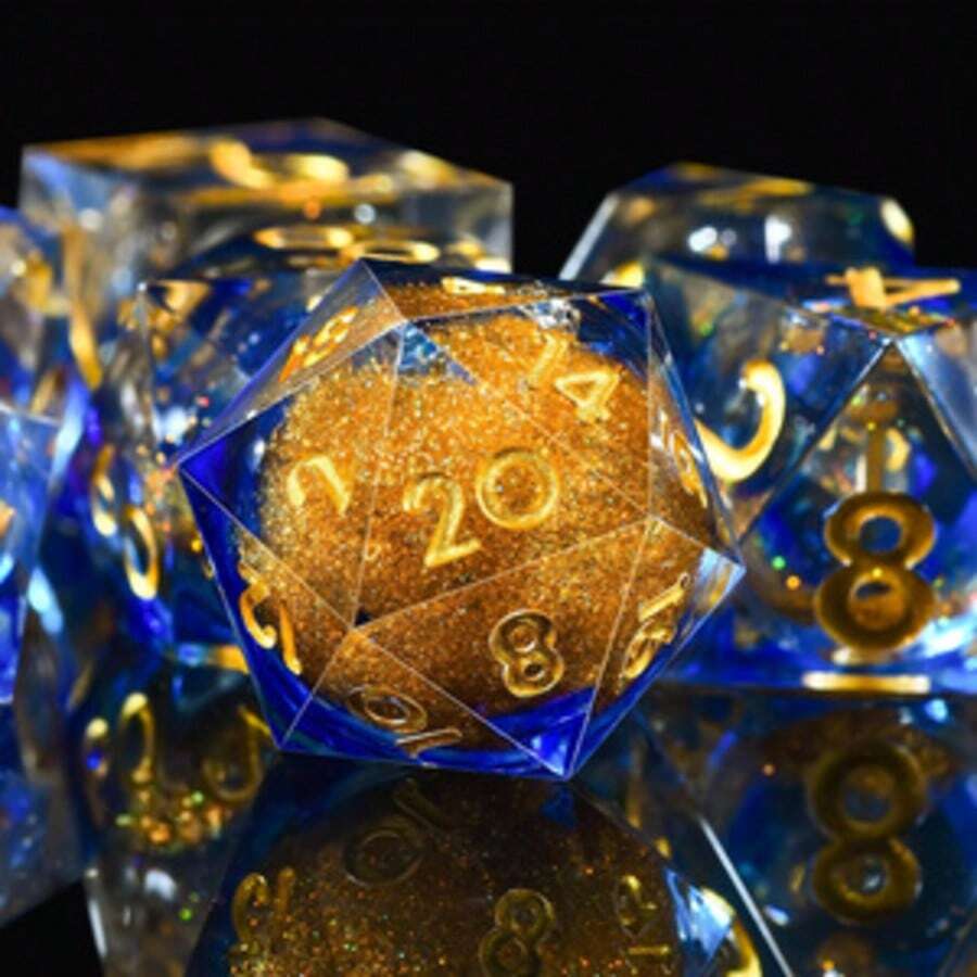 7pcs Handmade Polyhedral Pointed Edge D&D Resin Liquid Glitter Dice Set, Suitable For Pathfinder RPG, MTG Board Games - Baby Blue - View 1