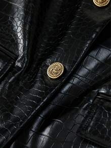 Women's Crocodile-Patterned PU Leather Suit Jacket - Elegant Retro Brown Fitted X-Shape Blazer With Single-Breasted Double-Button Closure, Long Pockets & PU Leather Coat For Professional, Office, Or Special Occasions (All-Season Wear) - 黑色 - 查看 7