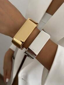 1pc Minimalist Fashion Creative Geometric Square Cuff Bracelet, Women Exaggerated Design Elastic Open Cuff Bracelet, Smooth Surface High Quality Thick Jewelry - Square Bracelet - View 11