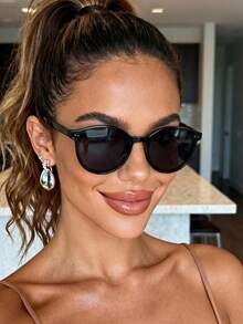 1 Pair Round Fashion Glasses, Suitable For Daily, Commute, Beach, Street Style - Black - View 4