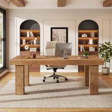 Tribesigns 63-Inch Solid Wood Executive Desk With Sturdy Wooden Legs, Farmhouse Home Office Computer Desk, Simple Writing Study Table Business Workstation For Home Office - 棕色 - 查看 5
