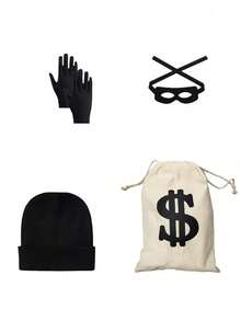 女士盗贼服装套装，包括盗贼帽、手套、眼罩、帆布钱袋、条纹袜、帆布背包，适合成人万圣节角色扮演、世界读书日化装舞会及其他场合。 - 彩色 - 查看 11