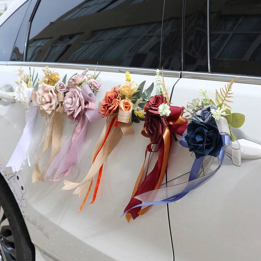 2 piezas Decoración para espejo retrovisor de coche de boda, decoración para manijas de puerta y carrocería del coche, simulación de moño multicolor para respaldo de silla de boda, apto para varios modelos de automóviles, satisface las necesidades de decoración de boda - Multicolor - Ver 1