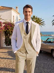 3pcs Men's Slim Fit Suit Set, Men's Wedding Party Formal Business Suit - Champagne - View 2