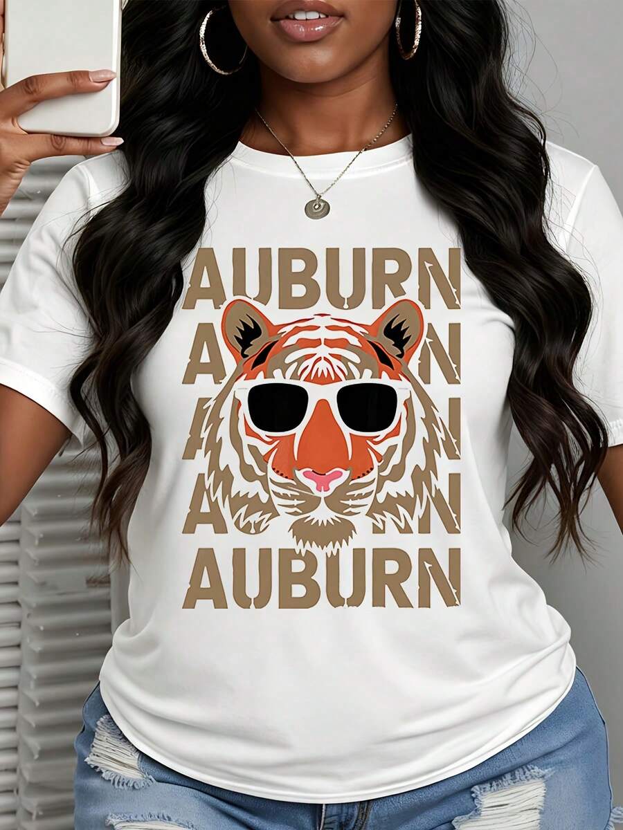 Auburn Tiger Logo Women's Plus Size Short Sleeve T-Shirt With Sunglasses Tiger Print And Text For Casual Wear And College Spirit - trắng - Xem 1