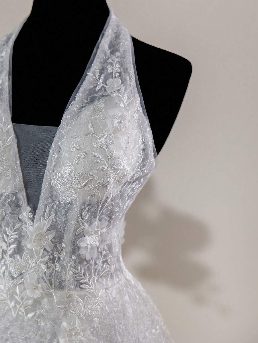 Deep V-Neck Romantic Lace Wedding Dress, Embroidered Floral Details, Minimalist Design - White - View 1