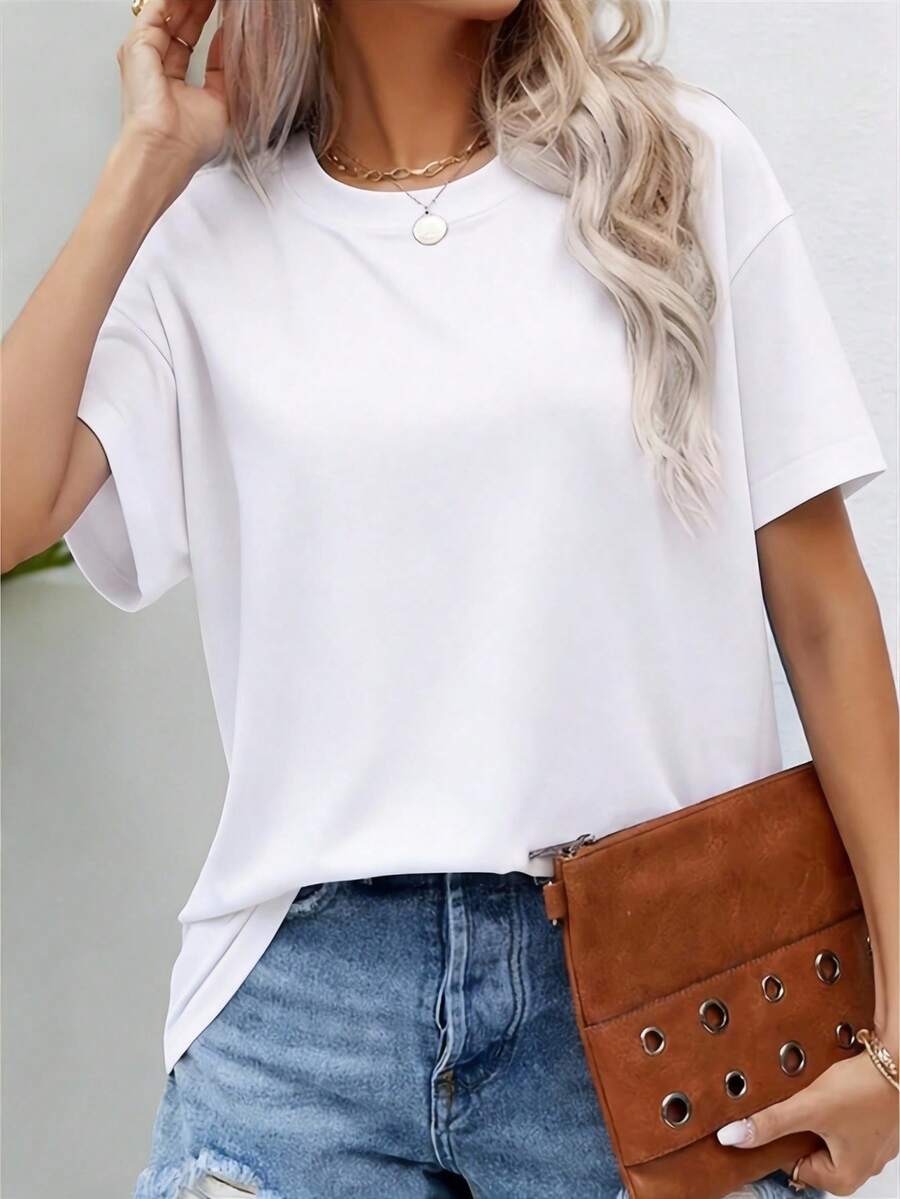 Camiseta de mujer de cuello redondo holgada de manga corta, top de unicolor todo a juego, suave y transpirable, versátil para uso diario y casual de verano blanco - Blanco - Ver 1